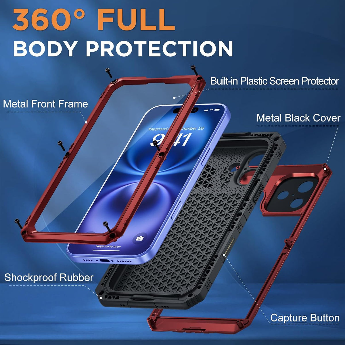 Beasyjoy for iPhone 16e Case Waterproof, Metal Heavy Duty Full Body Protective Case with Built-in Screen Protector, Military Grade Shockproof Defender Cover for iPhone 16e 6.1", Red