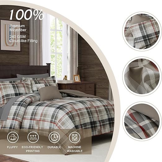 MaiReve Queen Comforter Set, Plaid Design Comforter Set 7 Pieces, All Season Comfortable Bedding Sets Queen, Lightweight, Warm and Breathable (Khaki, Queen, 90"x90")