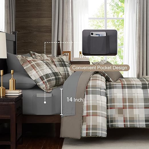 MaiReve Queen Comforter Set, Plaid Design Comforter Set 7 Pieces, All Season Comfortable Bedding Sets Queen, Lightweight, Warm and Breathable (Khaki, Queen, 90"x90")