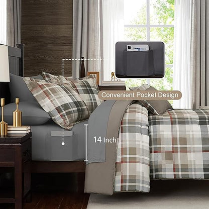 MaiReve Queen Comforter Set, Plaid Design Comforter Set 7 Pieces, All Season Comfortable Bedding Sets Queen, Lightweight, Warm and Breathable (Khaki, Queen, 90"x90")