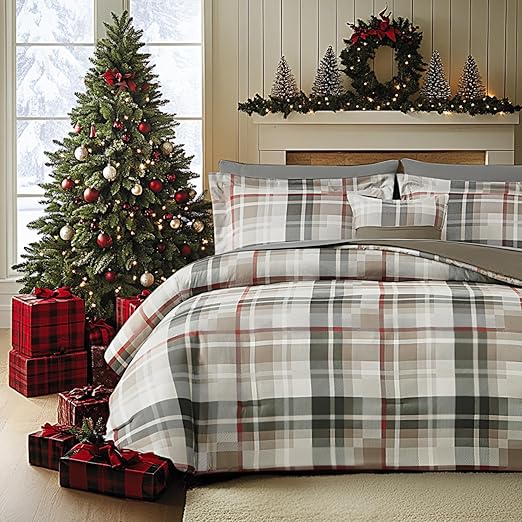 MaiReve Queen Comforter Set, Plaid Design Comforter Set 7 Pieces, All Season Comfortable Bedding Sets Queen, Lightweight, Warm and Breathable (Khaki, Queen, 90"x90")