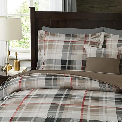 MaiReve Queen Comforter Set, Plaid Design Comforter Set 7 Pieces, All Season Comfortable Bedding Sets Queen, Lightweight, Warm and Breathable (Khaki, Queen, 90"x90")