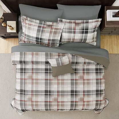 MaiReve Queen Comforter Set, Plaid Design Comforter Set 7 Pieces, All Season Comfortable Bedding Sets Queen, Lightweight, Warm and Breathable (Khaki, Queen, 90"x90")
