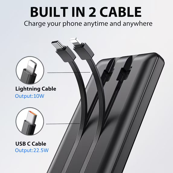 10000mAh Power Bank Portable Charger with Built in Cables, 22.5W Fast USB Battery Pack for iPhone & Android Cell Phone