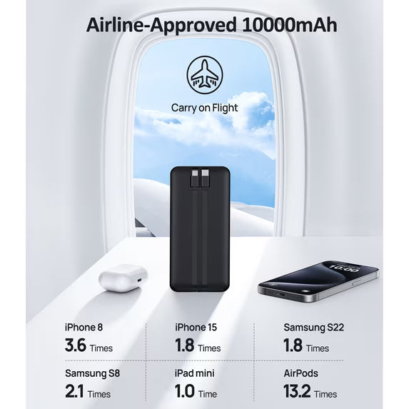10000mAh Power Bank Portable Charger with Built in Cables, 22.5W Fast USB Battery Pack for iPhone & Android Cell Phone