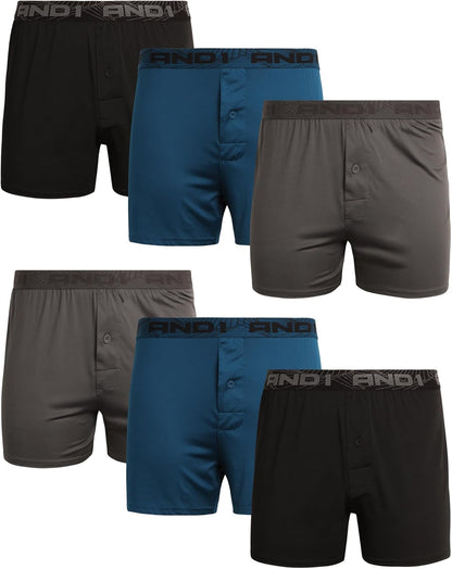 AND1 Mens Boxer Shorts - 6 Pack Performance Knit Boxers for Men with Fly - Lightweight Mens Underwear Boxers, 4" Inseam, Size 2XL, Bright Blue/Black/Grey