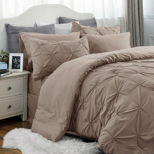 Bedsure Queen Comforter Set Khaki - Bed in a Bag Queen Size 7 Pieces, GentleSoft‚ Pintuck Bed Set Gift for Family, Pinch Pleat Khaki Comforter with Sheets, Pillowcases & Shams