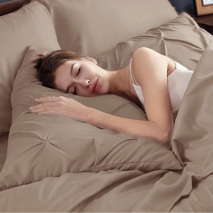 Bedsure Queen Comforter Set Khaki - Bed in a Bag Queen Size 7 Pieces, GentleSoft‚ Pintuck Bed Set Gift for Family, Pinch Pleat Khaki Comforter with Sheets, Pillowcases & Shams