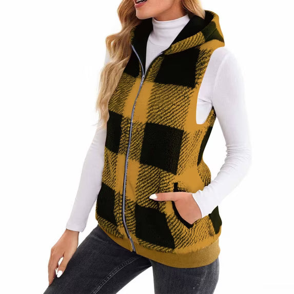 Plaid Vest for Women Classic-Fit Sleeveless Polar Soft Fleece Vest Sherpa Zip Up Jacket Warm Winter Coat
