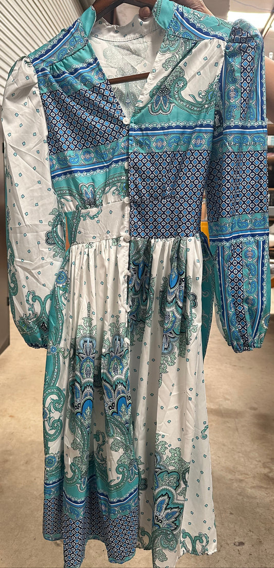 Blue & White Dress with Patterns
