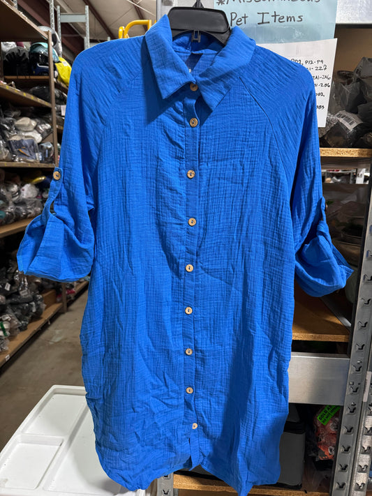 Shein Cobalt Blue Pure Linen Shirt, Unisex Top Long Sleeve