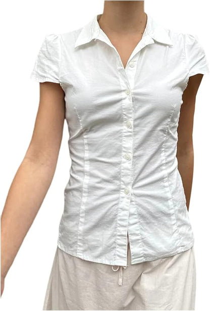 Women Y2k Short Sleeve Button Down Shirts Casual V Neck Button Up Top Vintage Slim Fit Collared Going Out Blouse