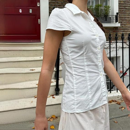 Women Y2k Short Sleeve Button Down Shirts Casual V Neck Button Up Top Vintage Slim Fit Collared Going Out Blouse