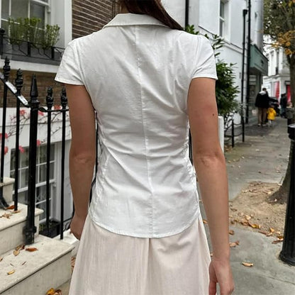 Women Y2k Short Sleeve Button Down Shirts Casual V Neck Button Up Top Vintage Slim Fit Collared Going Out Blouse
