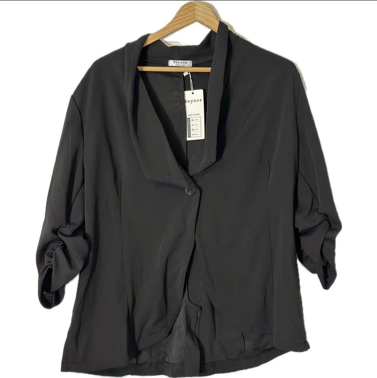 BEYOVE WOMENS 3/4 RUCHED SLEEVE OPEN FRONT WORK OFFICE BLAZER JACKETS