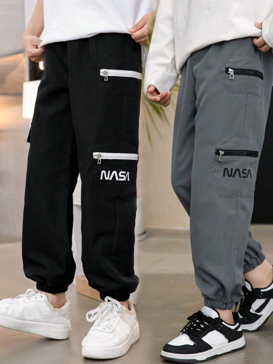 SHEIN Tween Boy Black & Grey Letter Print Zipper Closure Jogger pants