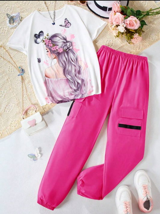 Teen Girl Summer Casual Portrait Print T-Shirt and Jogger Pants set holiday summer travel