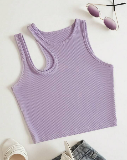INAWLY solid cut out shoulder ribbed knit tan k top for summer