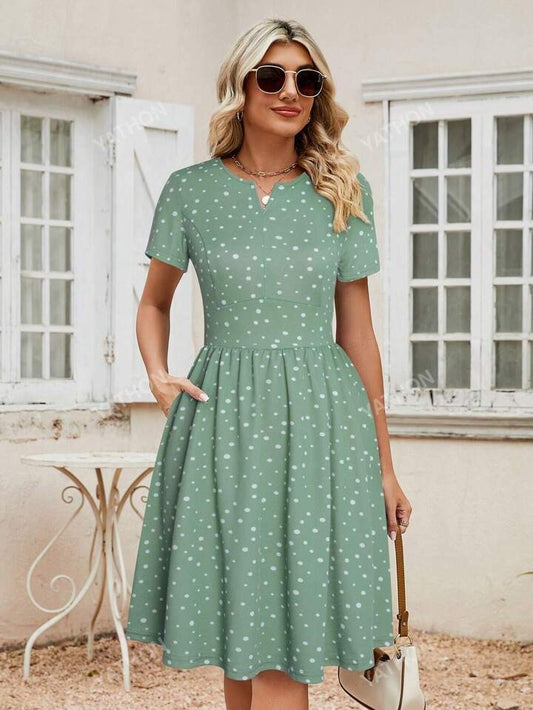 POLKA DOT NOTCHED NECK HIDDEN POCKET DRESS
