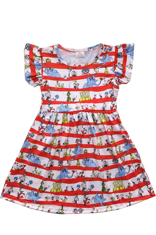 Baby Girl Spring Summer Cat in the hat red, white stripe children pearl flutter sleeve boutique dress