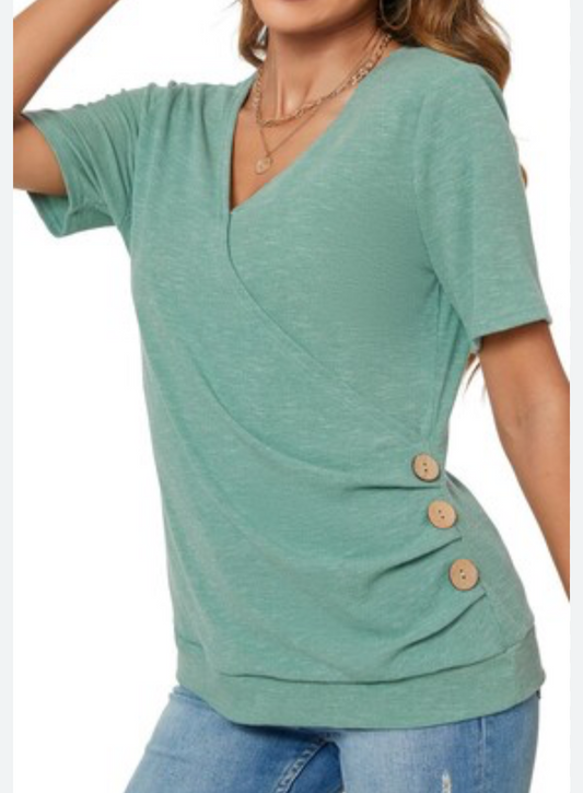 WEIYAN Women's V Neck Wrap Tops Summer Short Sleeve T-Shirt Loose Side Ruched Tunic Blouses