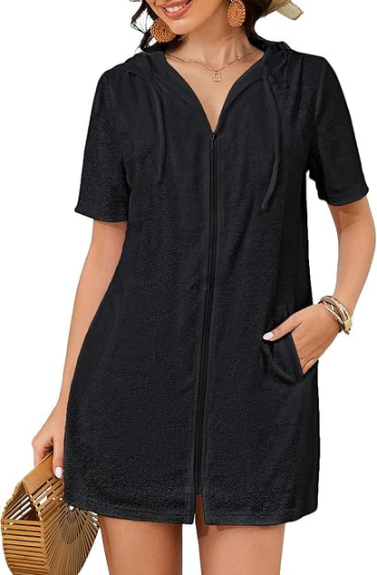 Bsubseach Terry Cloth Cover Up - Women 2025 Zipper Swimsuit Coverup Hooded Swim Robes Beach Coverups with Pockets 's Choice