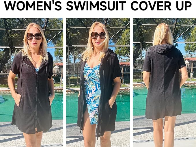 Bsubseach Terry Cloth Cover Up - Women 2025 Zipper Swimsuit Coverup Hooded Swim Robes Beach Coverups with Pockets 's Choice