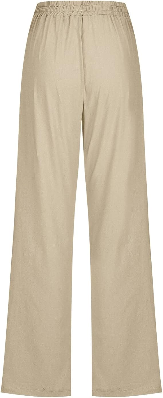 Womens Casual Cotton Linen Pants Lightweight Summer Relax Fit Elastic Waist Plus Size Solid Lounge Long Trousers