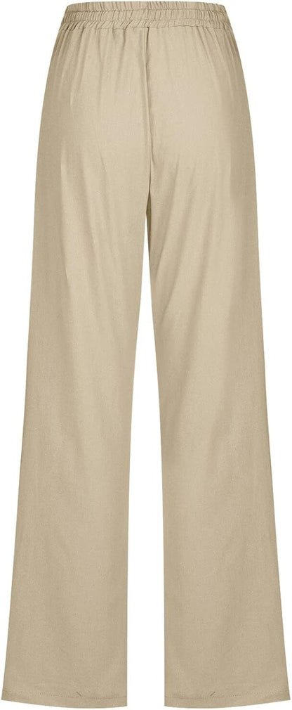 Womens Casual Cotton Linen Pants Lightweight Summer Relax Fit Elastic Waist Plus Size Solid Lounge Long Trousers