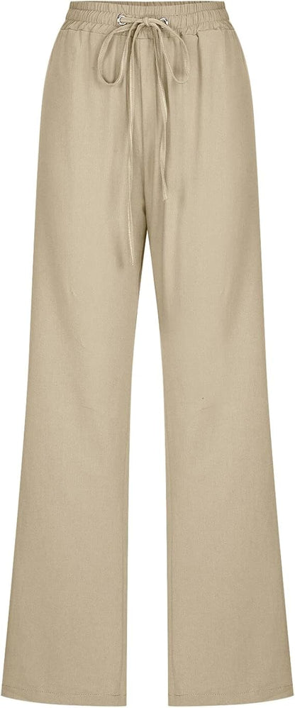 Womens Casual Cotton Linen Pants Lightweight Summer Relax Fit Elastic Waist Plus Size Solid Lounge Long Trousers