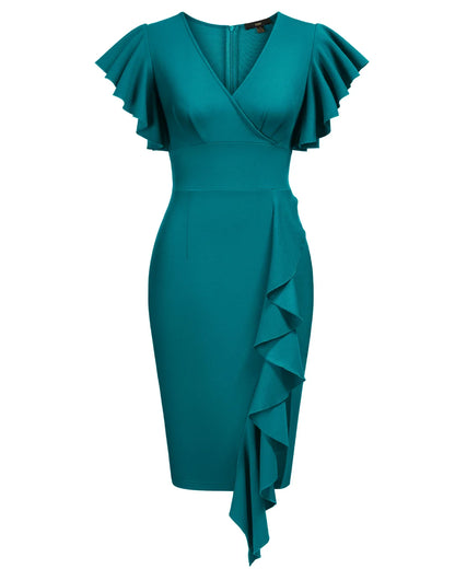 Knitee Women's Deep V Neck Ruffle Sleeves Cocktail Party Pencil formal dress