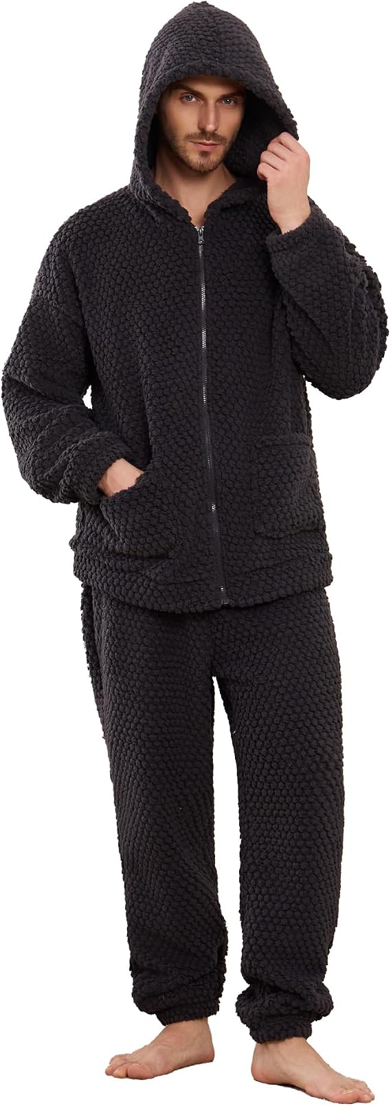 Vulcanodon Men's Plush Hooded Zipper Pajama Set, Soft Warm Long Sleeve Sleepwear With Pockets Fluffy Fuzzy Cozy Pj'd