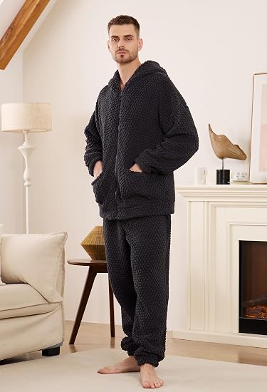 Vulcanodon Men's Plush Hooded Zipper Pajama Set, Soft Warm Long Sleeve Sleepwear With Pockets Fluffy Fuzzy Cozy Pj'd