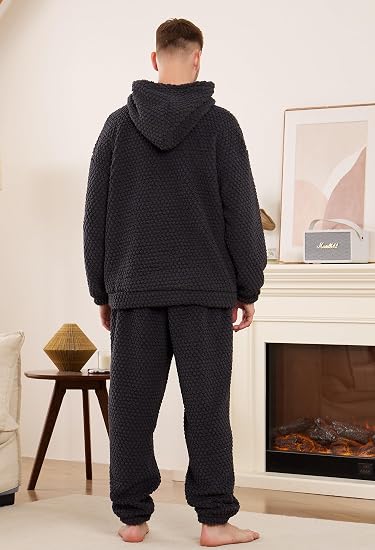 Vulcanodon Men's Plush Hooded Zipper Pajama Set, Soft Warm Long Sleeve Sleepwear With Pockets Fluffy Fuzzy Cozy Pj'd