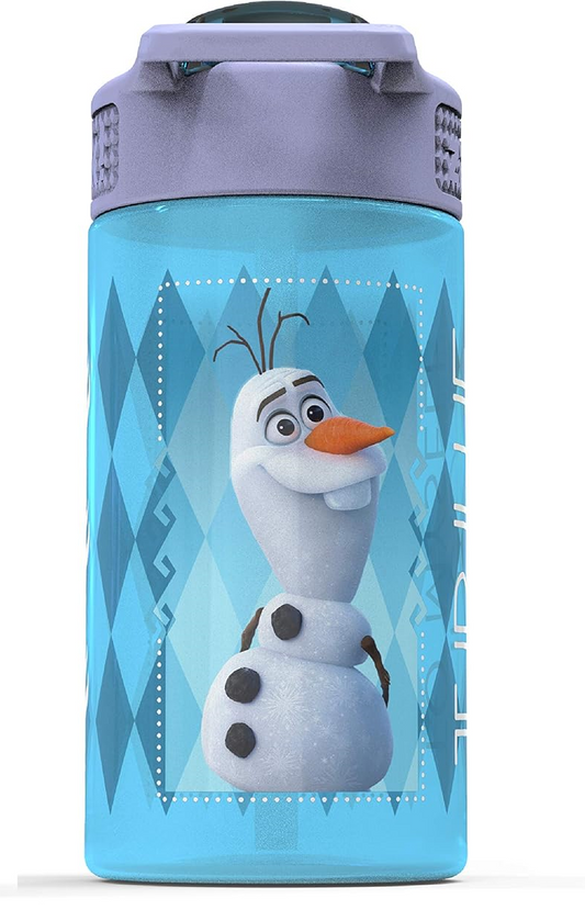 Zak Designs Disney Frozen 1 Pc Water Bottle with Reusable Straw and Built in Carrying Loops, Made of Plastic, Leak-Proof Designs 16 oz, BPA-Free (Frozen)