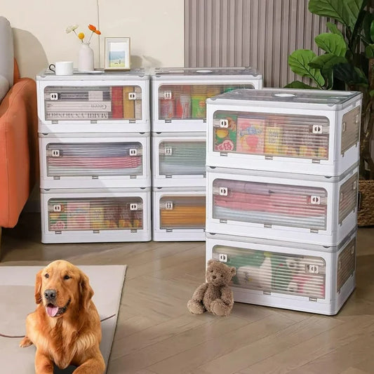 Plastic Storage Bins with Lids, 3 Packs Folding Stackable Storage Bins with Doors and Wheels, Transparent Storage Cabinet Box Organizers and Storage Containers, 85L