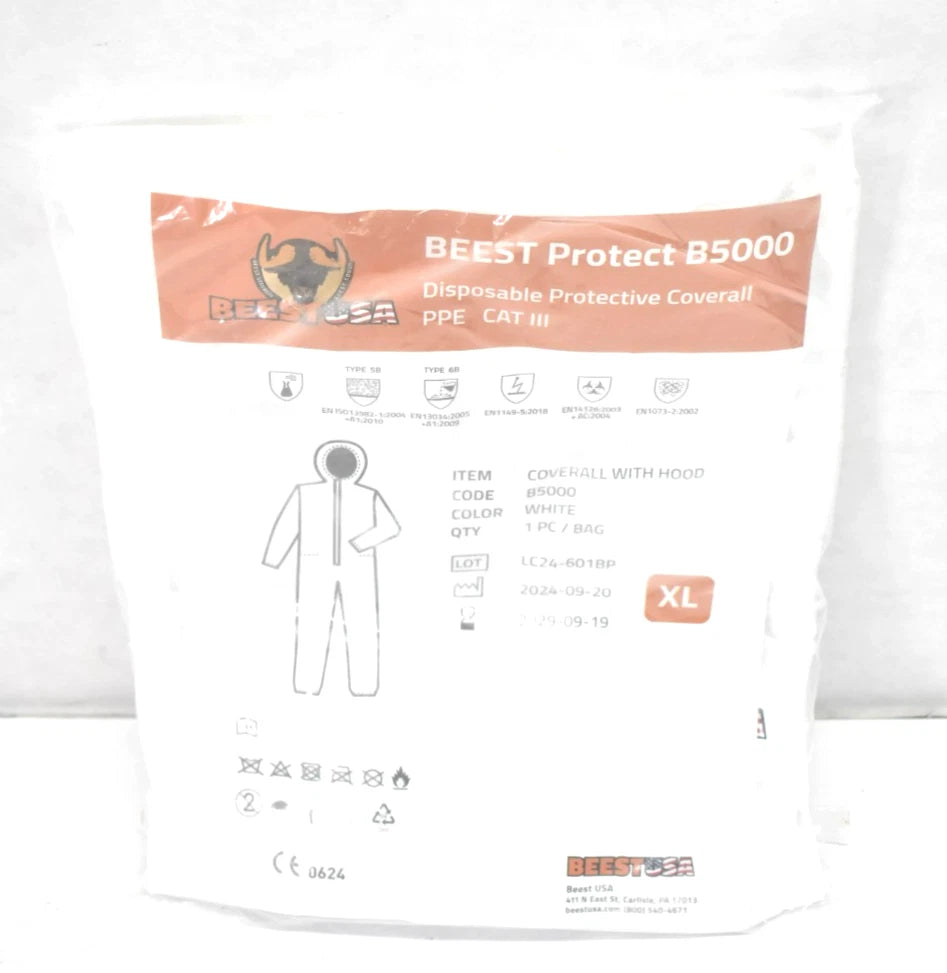 Beest Protect B5000 Disposable Protective Coverall PPE CAT III w Hood White XL