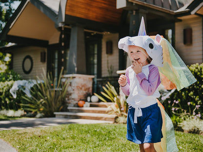 Glowing horn unicorn, A unicorn costume with a light-up horn and a matching tail.