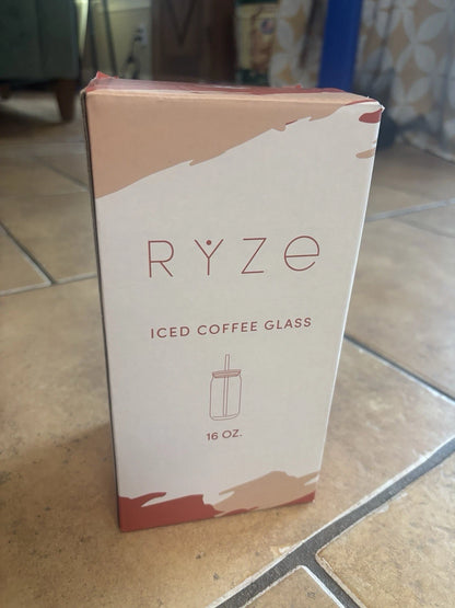 RYZE 16 oz iced Mushroom coffee glass with straw NEW ( Box Damage )