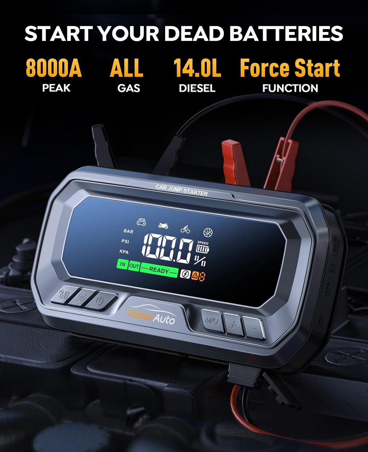 YaberAuto 12-in-1 Jump Starter with Air Compressor 8000A 160PSI 65W Charge 99Wh Portable Car Battery Jump Starter (All Gas/14L Diesel) Jump Box Car Battery Jumper Starter Portable Jumper Cable 160W DC