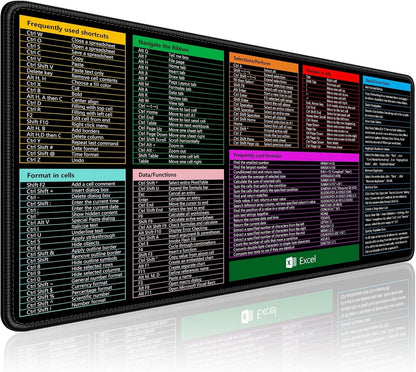 Excel Cheat Sheet Desk Pad, 31.2 x 15.1in, Extended Large Gaming Mouse Pad, Big XXL Computer Keyboard Shortcuts Keys Mat for Desktop, Office Spreadsheet Desk Mats for Keyboard and Laptop, Black