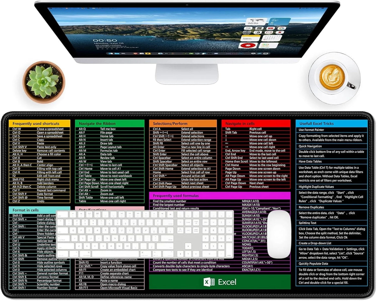 Excel Cheat Sheet Desk Pad, 31.2 x 15.1in, Extended Large Gaming Mouse Pad, Big XXL Computer Keyboard Shortcuts Keys Mat for Desktop, Office Spreadsheet Desk Mats for Keyboard and Laptop, Black