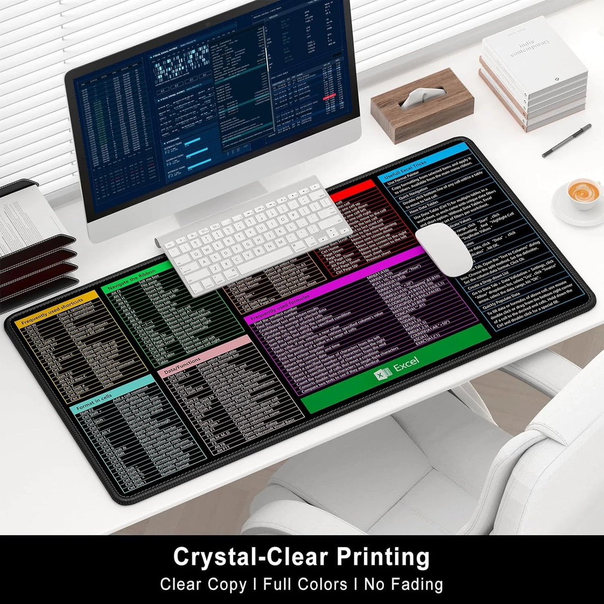 Excel Cheat Sheet Desk Pad, 31.2 x 15.1in, Extended Large Gaming Mouse Pad, Big XXL Computer Keyboard Shortcuts Keys Mat for Desktop, Office Spreadsheet Desk Mats for Keyboard and Laptop, Black
