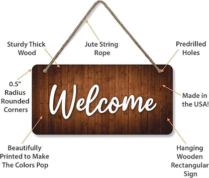SmartSign Welcome Sign for Front Door Wooden Hanging Decor with Rope, 6" x 12", Handwritten Font, Pre-Drilled Holes, Ideal for Events, Reception, Cafe, Garden, Made in USA