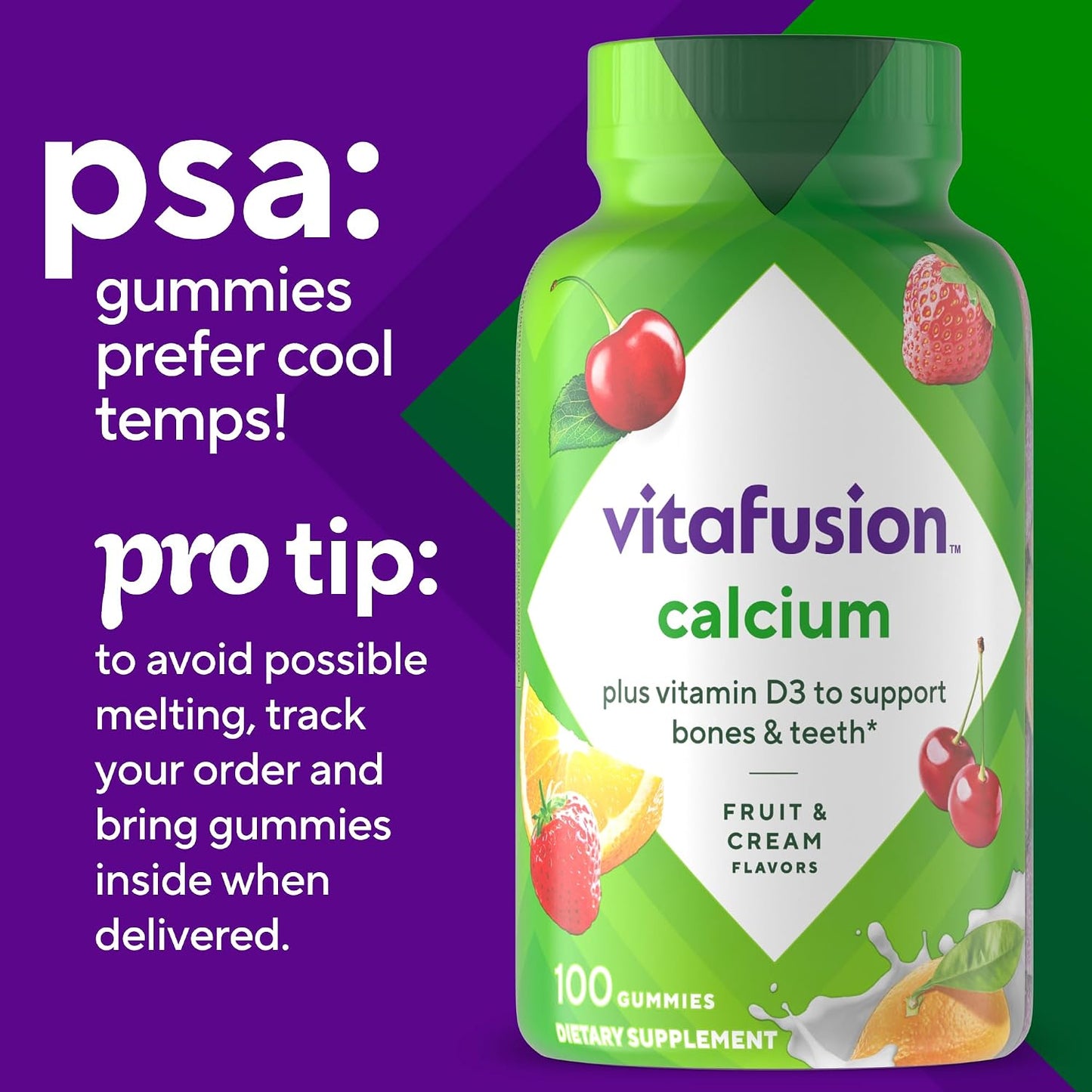 Vitafusion Calcium 500Mg Gummy Vitamins for Adults Creamy Swirled Fruits Dietary Supplement, 100 Count