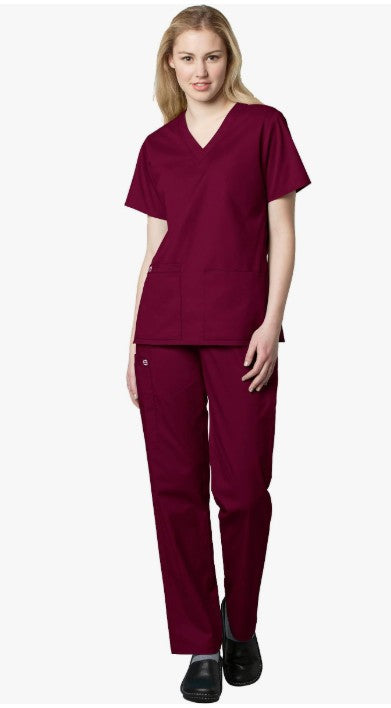WonderWink WORK Women's Scrubs V-Neck Chest Pocket Top & Pull On Cargo Pant Set + Badge Reel