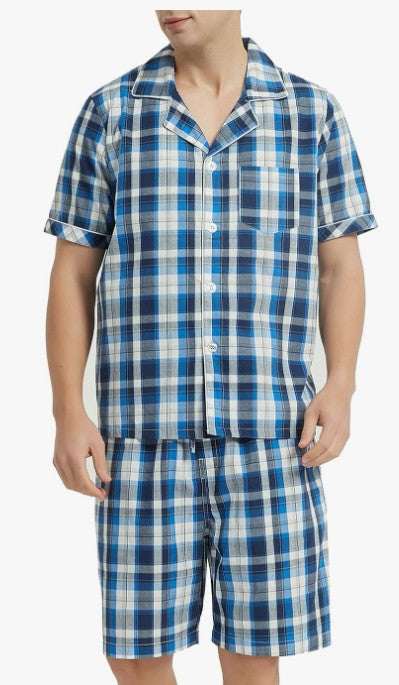 Vulcanodon Mens Cotton Pajama Set Short Sleeve, Button Down Pajama Set for Men Lightweight Men's Sleepwear