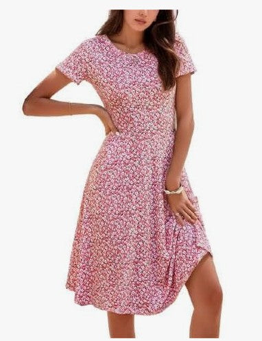 IVERIRMIN Women's Casual Swing Knee-Length Floral Dress A-line Short Sleeve Flare Modest Boho Tunic T Shirt Vacation Dresses