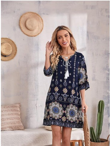 Womens Dresses Mandala Print Tassel Tie Tunic Dress BEESO (Color : Multicolor, Size : XX-Large)