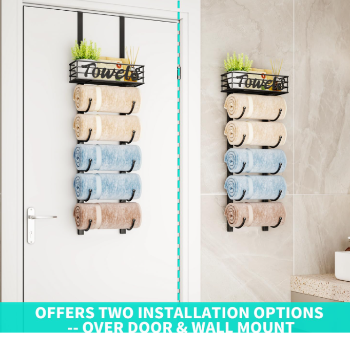 HapiRm Wall Mount Towel Rack - 6 Tier Towel Racks for Bathroom, Wall Mount Towel Holder with Metal Shelf, Rolled Towel Organizer Door Hanging Towel Storage for Small Bathroom - Black